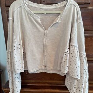 Pilcro Light Beige Eyelet Bell-Sleeve Sweatshirt